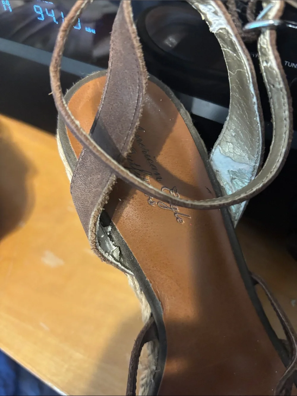 American Eagle Brown Floral Leather Espadrille Wedges